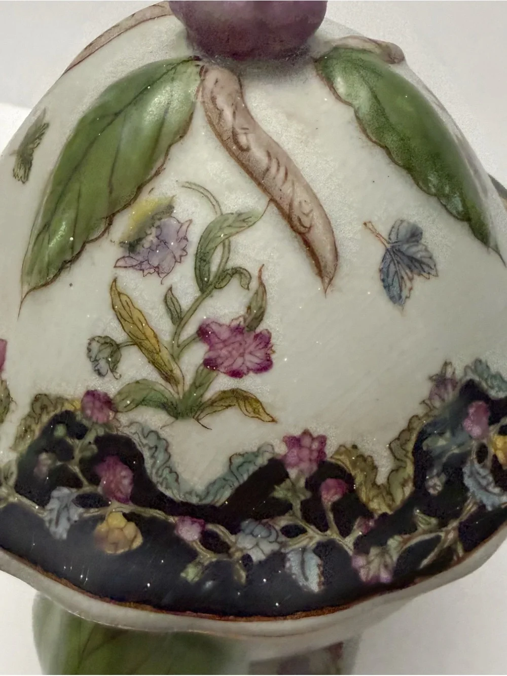 Vintage Chinese Floral Porcelain Lidded Pedestal Footed Small Urn Crackle Finish